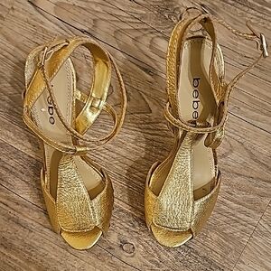 bebe Gold Strappy Platform Heels